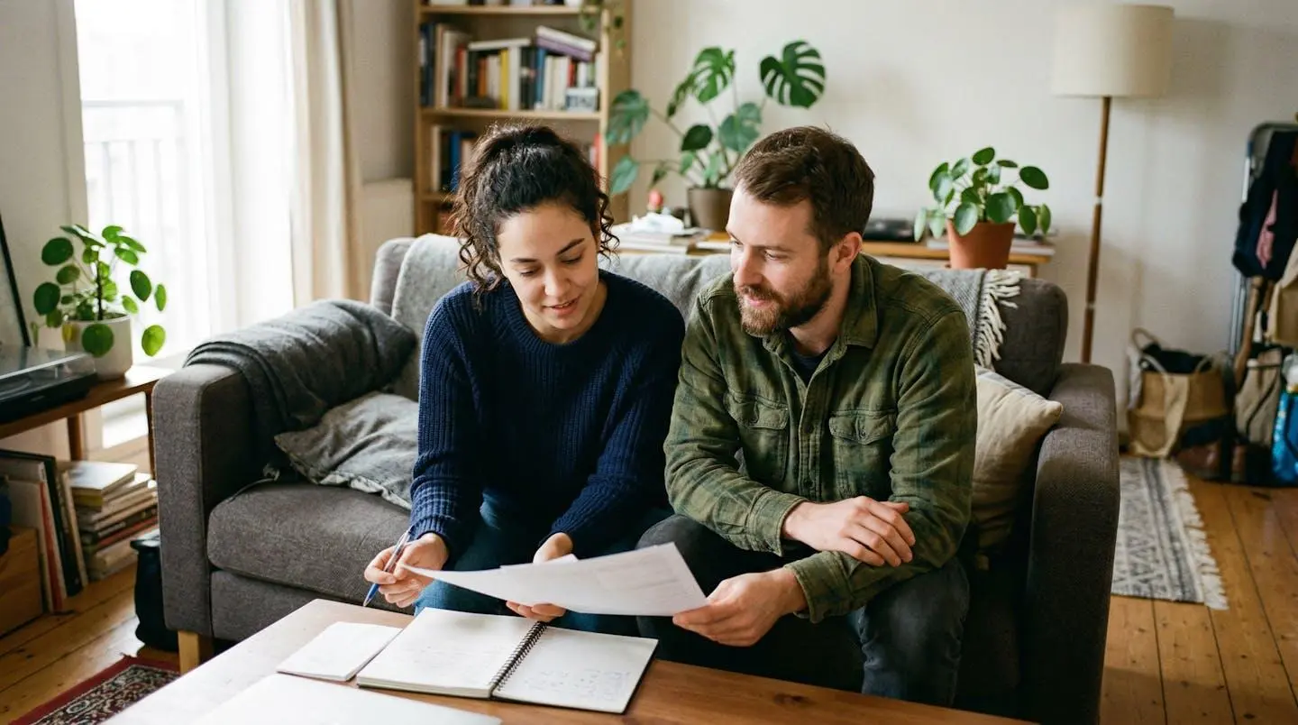 Un couple assis sur un canapé lumineux consulte des documents papier avec une expression concentrée, appartement moderne en arrière-plan
