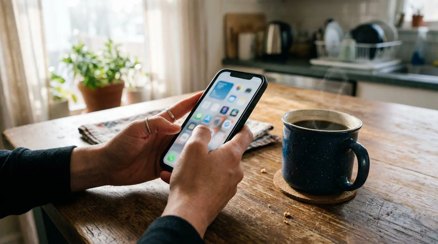 Des mains tiennent un smartphone au-dessus d'une table de cuisine en bois, une tasse de café à côté, lumière naturelle du matin