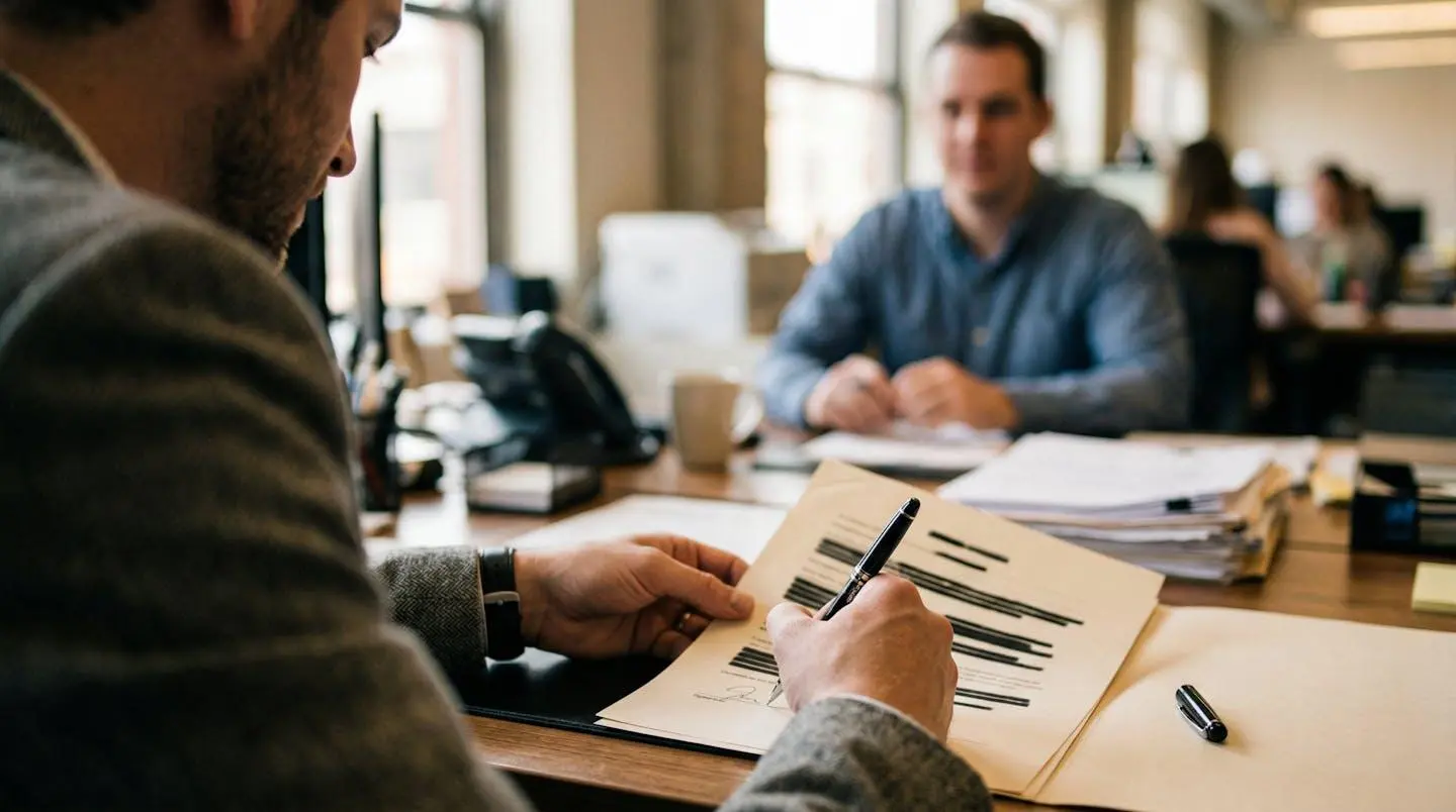 Une personne signe un document sur une table en bois, stylo en main, autre personne floue en face, lumière naturelle de bureau