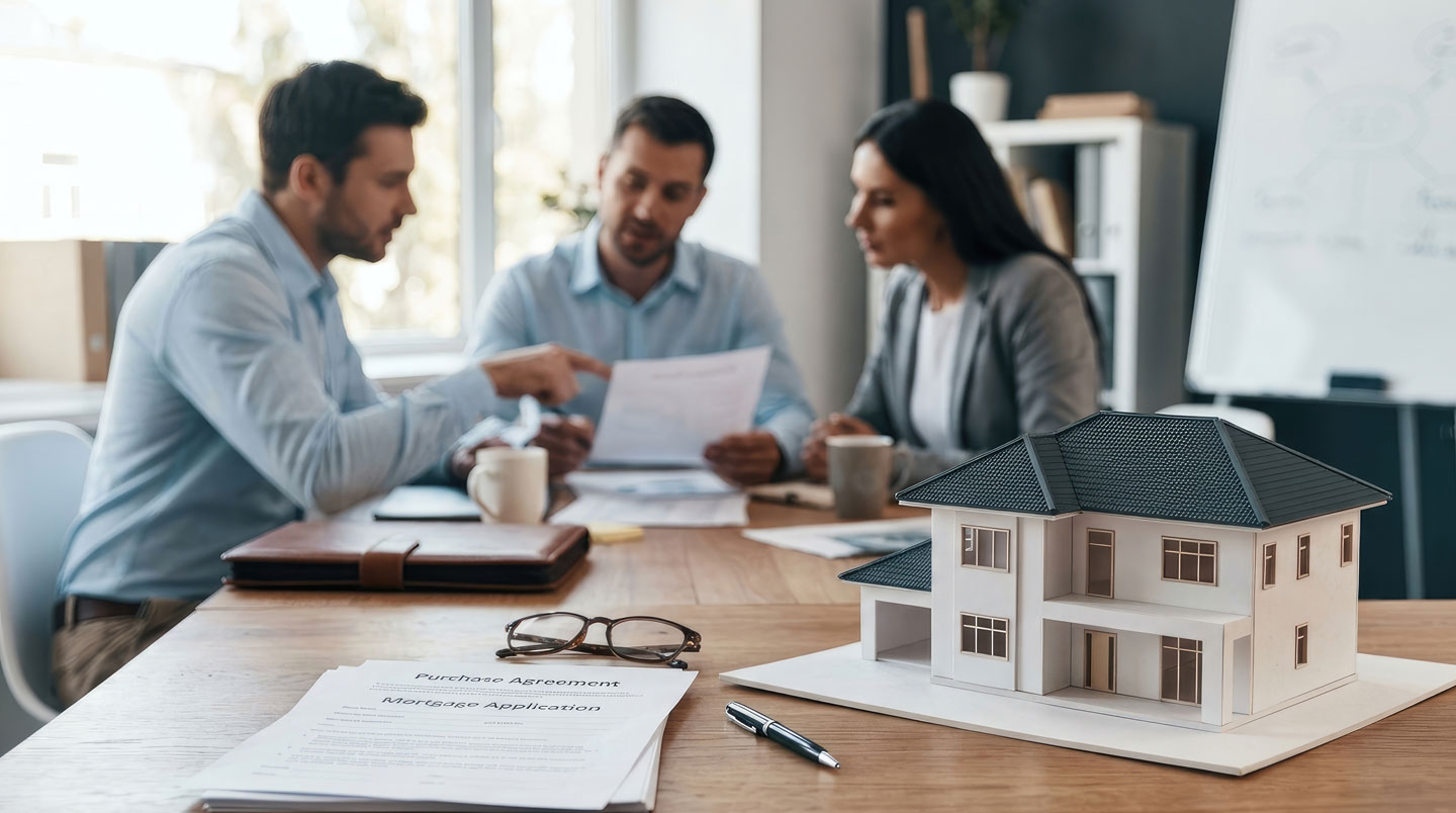 Vue de dessus d'une table de travail avec carte de Bordeaux annotée, données de prix immobiliers, calculatrice, carnet de notes et rapports de diagnostic énergétique